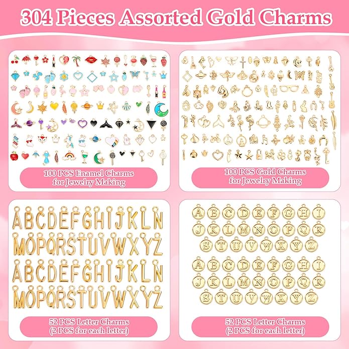304Pcs Gold Charms for Jewelry Making, Assorted Bracelet Letter Charms for DIY Jewelry Making Necklace Bracelet, Keychains and Crafts