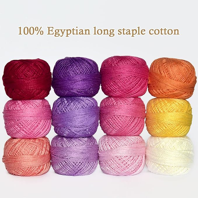 Double Mercerized Egyptian Long Staple Cotton Pearl Thread Ball 10 Grams Rainbow Color Embroidery Thread 12 Colors per Box for Crochet Hardanger Cross Stitch Hand Embroidery,redpurple Series