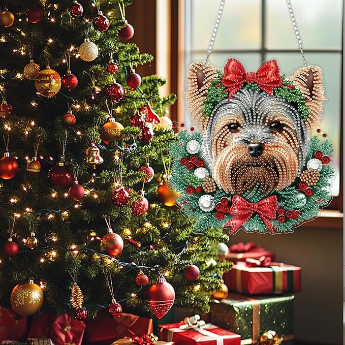 SENQAO Golden Retriever Diamond Art Hanging Kits for Adults Kids, Christmas Diamond Art Suncatchers, 5D Special Shape Diamond Painting Pendant Window Ornament Gifts for Home Garden Door Wall Decor