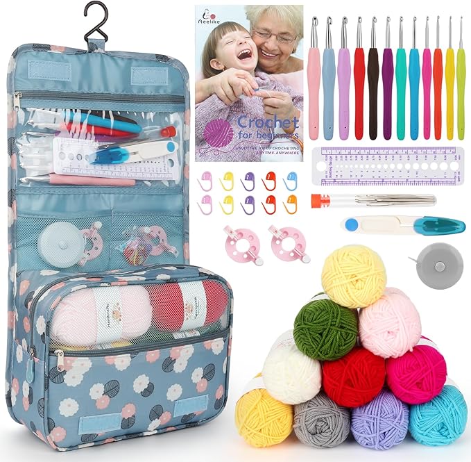 Aeelike Crochet Kit for Beginners with 10 Colors Yarn and Introduction Book, 48pcs Crochet Starter Kit Everything for Adult, Learn to Crochet Kit with Soft Grip Crochet Hooks and Blue Flower Bag