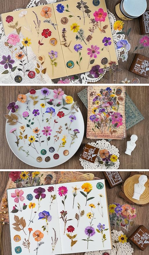 Knaid Pressed Flower Themed Stickers Set (320 Pieces) Dried Flowers Resin Stickers Decals Floral Botanical Journaling Stickers for Scrapbook Supplies Junk Journal Bullet Journal Planner Laptops