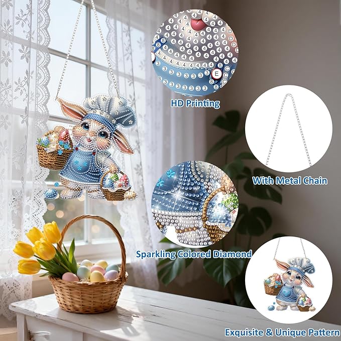 DOMROM Rabbit Diamond Art Hanging Kits for Adult, Easter Special Shaped Crystal Diamond Painting Rabbit Pendant, DIY Diamond Art Suncatchers Animal for Home Garden Wall Decor Gift