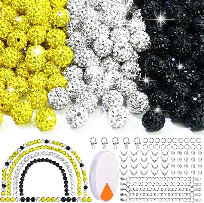 Dowarm 255PCS 10mm Rhinestone Beads for Baseball Rhinestone Necklace Bracelet Jewelry Making, Round Polymer Clay Beads for Crafts Beaded Pen, Shamballa Pave Disco Diamond Bead, Yellow|Black|White