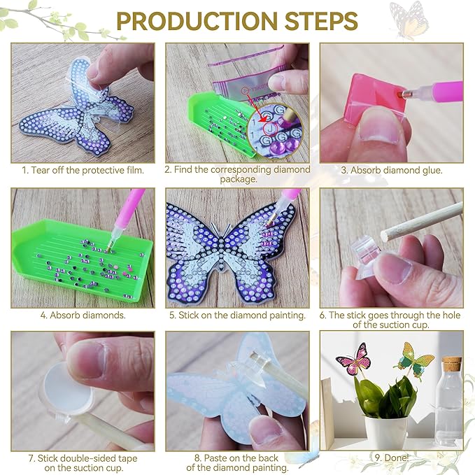 Vcekract Butterfly Diamond Art Kits, 12PCS Diamond Painting Kits for Garden Decor, Butterfly Art Craft Supplies, Diamond Painting Kits for Adults