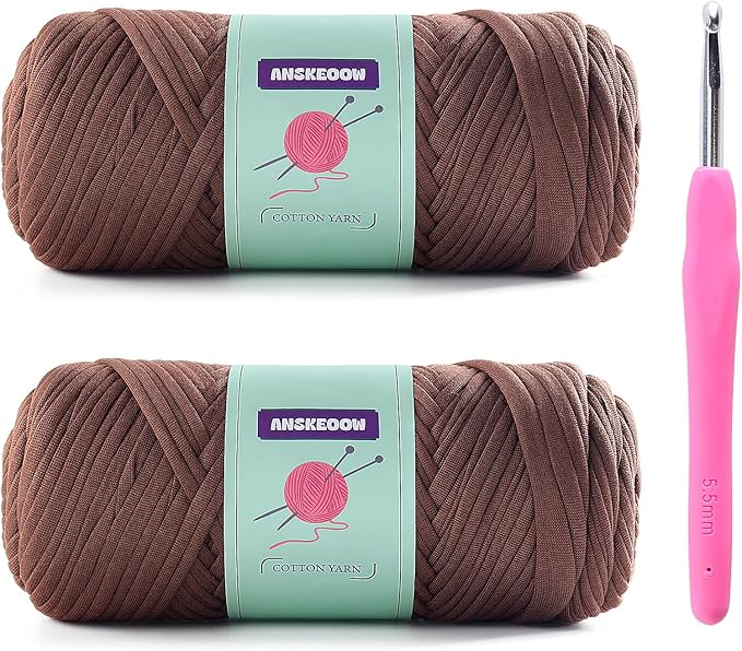 2 Skeins Tshirt Yarn for Crochet,Soft T Shirt Yarn for Crocheting Bag/Basket/Home Decor,Trapillo para Tejer a Crochet Bolsas with 1 Crochet Hook,Each Ribbon Yarn 7oz, 65yds(Coffee Color)
