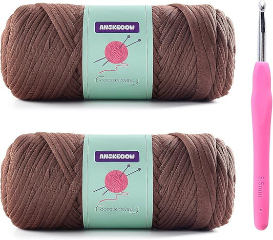 2 Skeins Tshirt Yarn for Crochet,Soft T Shirt Yarn for Crocheting Bag/Basket/Home Decor,Trapillo para Tejer a Crochet Bolsas with 1 Crochet Hook,Each Ribbon Yarn 7oz, 65yds(Coffee Color)