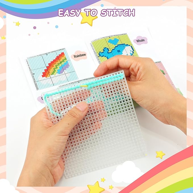Pllieay Cross Stitch Kits for Beginners 12in1 Cross Stitch Kits for Kids Embroidery Kit Includes 12pcs Blank Plastic Mesh Canvas, 16 Yarns, 6 Embroidery Needles, Needlepoints Starter Sewing Set