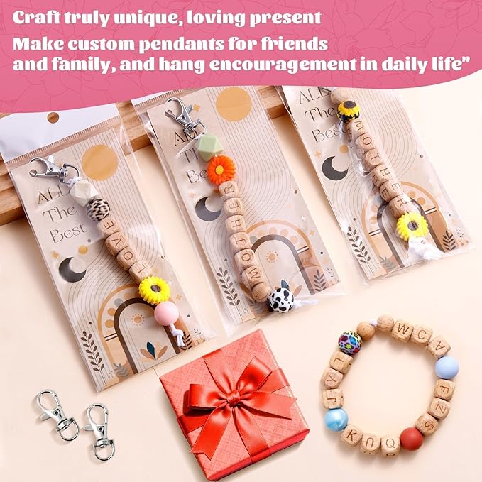 TOHONGADON 213 Pcs Silicone Beads for Keychain Making, 12mm Wood Letter Keychain 15mm Round 14mm Polygonal Silicone, Focal Silicones Beads for DIY Key Ring Women