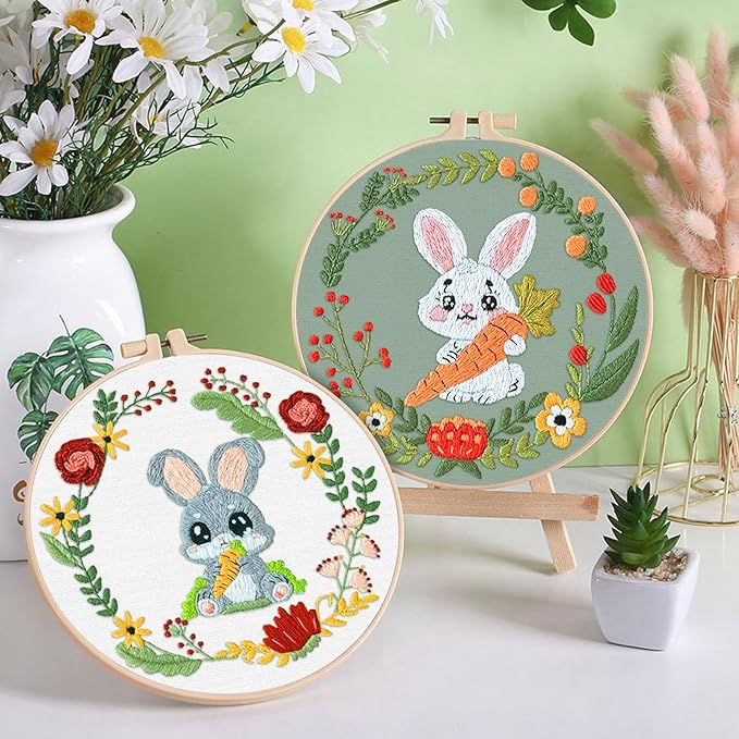 ERKOON 4 Sets Embroidery Kit, Animal Cross Stitch Set for Include Embroidery Cloth Hoops Threads for Craft Lover Hand Stitch (Rabbit)