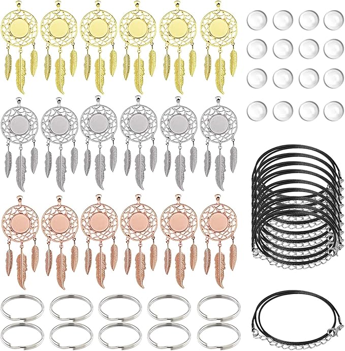 Allazone Seasonsky Dreamcatcher Set - 56 PCS Pendant Trays, Glass Cabochons, Black Rope Chain and Keychain for Photo Jewelry Making