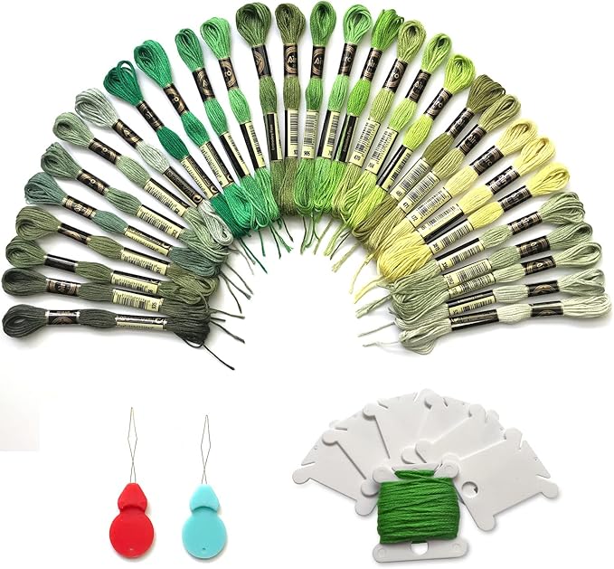 levylisa Embroidery Floss 30 Skeins Cross Stitch Threads Friendship Bracelets Floss with 10 Pcs Floss Bobbins and 2 Pcs Needle Threader (Green)