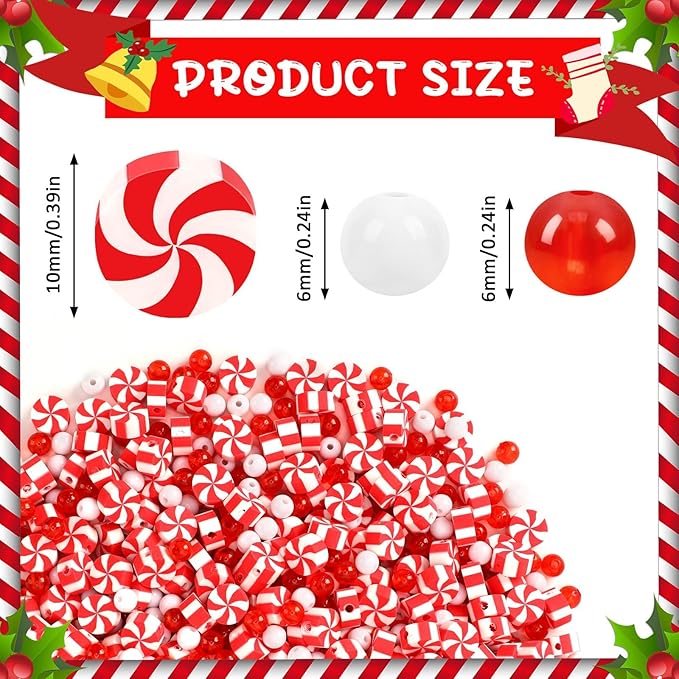 UPINS 1500Pcs Christmas Red and White Beads for Jewelry Making Xmas Candy Polymer Clay Beads for Holiday Necklace Bracelet Earring Craft and Christmas Tree Ornaments