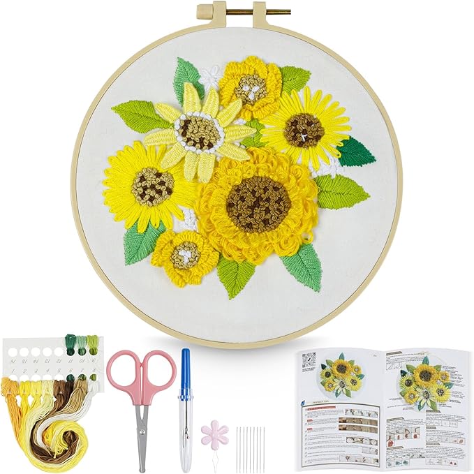 htvront 3d embroidery kit for beginners- sunflower embroidery kits with step-by-step video tutorials, 3d art finished with 5 stitches, beginner embroidery kit for adults for denim jackets, home decor