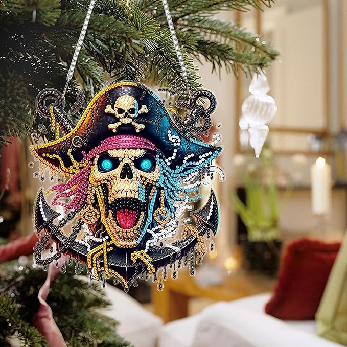 Auremi Pirates Diamond Art Pendant Kits,5D Skulls Diamond Art Diamond Painting Hanging Kits,DIY Special Shaped Diamonds Painting Suncatcher Pendant Kit for Adults for Gift Wall Home Decor