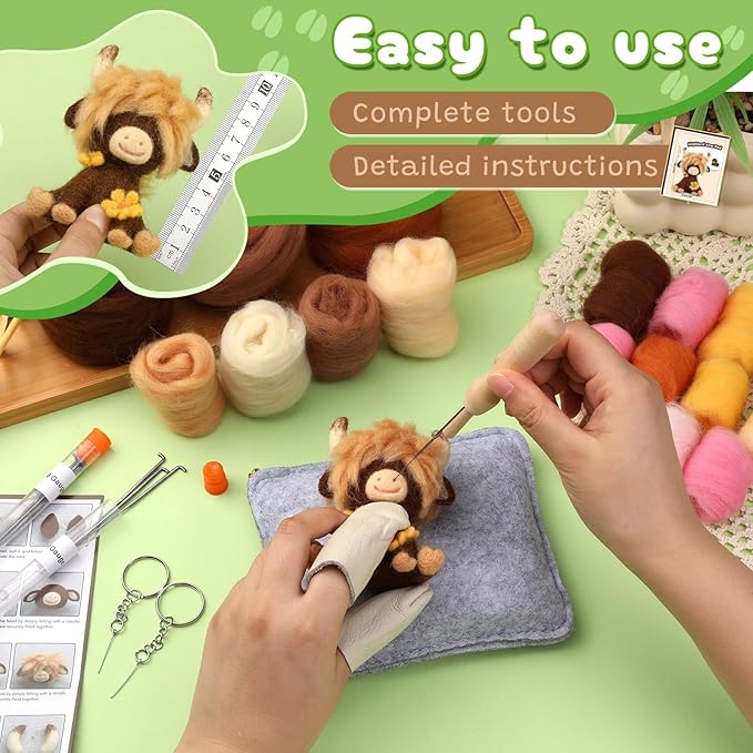 Yizzvb Needle Felting Kit, Highland Cow Family Needle Felt Beginner Kits with Instruction, Wool, Felting Needles, Felting Pad, Wool Felting Kits for Beginners Home Decoration