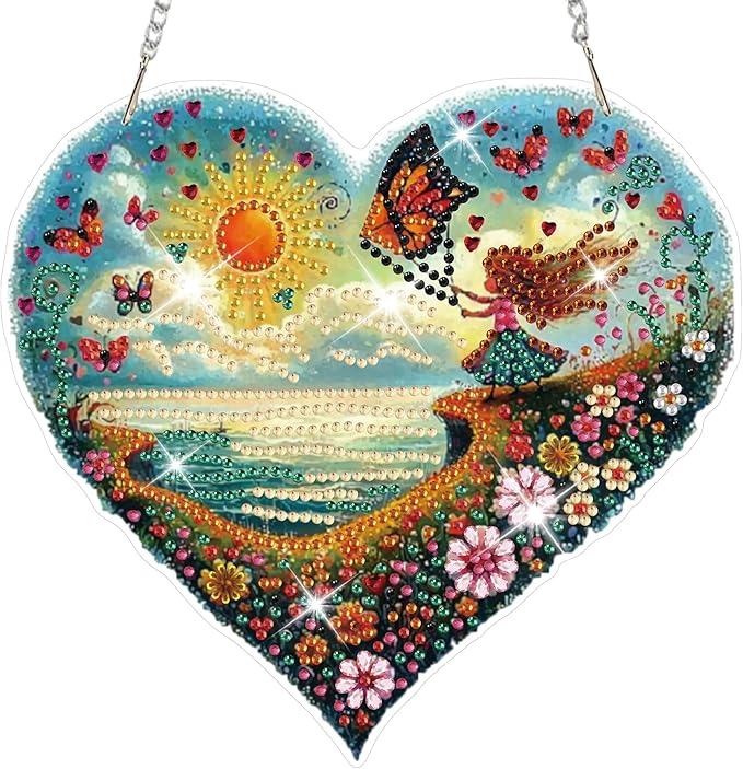 HEIBAGO Diamond Art Hanging Kits for Adults Kids, Hanging Diamond Art Beach Heart Shape, 5D Special Shaped Crystal Diamond Painting Kit, DIY Pattern Window Pendant for Home Wall Decor 8.3x8.3Inch