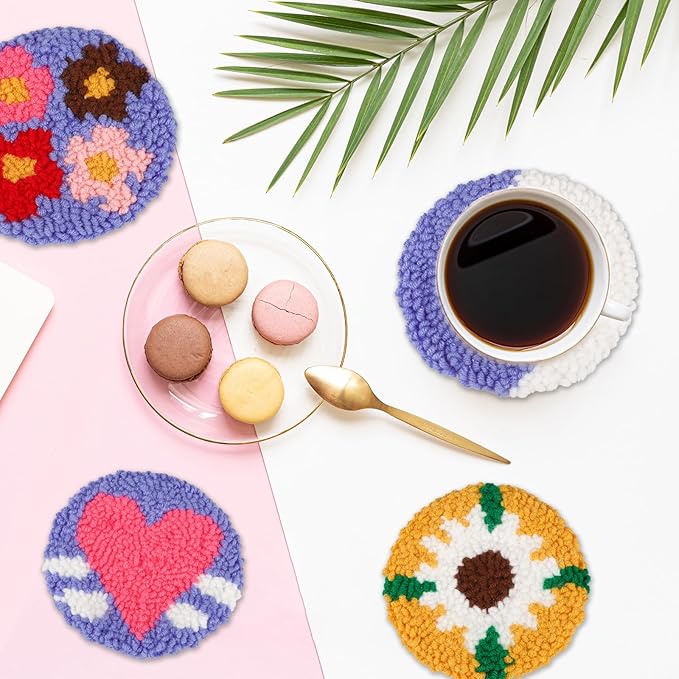 AIRDEA Punch Needle Drink Coasters Kit,Casual Punch Needle Embroidery Complete Kits for Beginner 3.29x3.29 Inches,Included All Accessories,DIY Car Coasters (Box-Blue Pink Yellow)