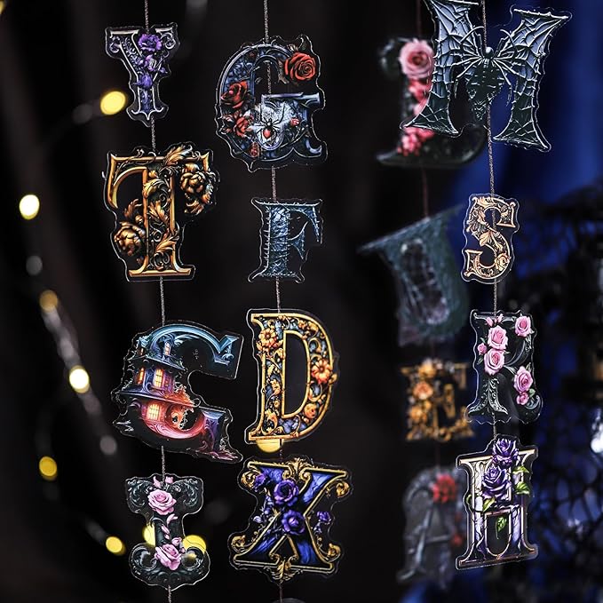 156Pcs Gothic Themed Alphabet PET Stickers, Vintage Floral and Castle Letter Stickers for Scrapbooking, DIY Crafts, and Artistic Journaling, with Organizer