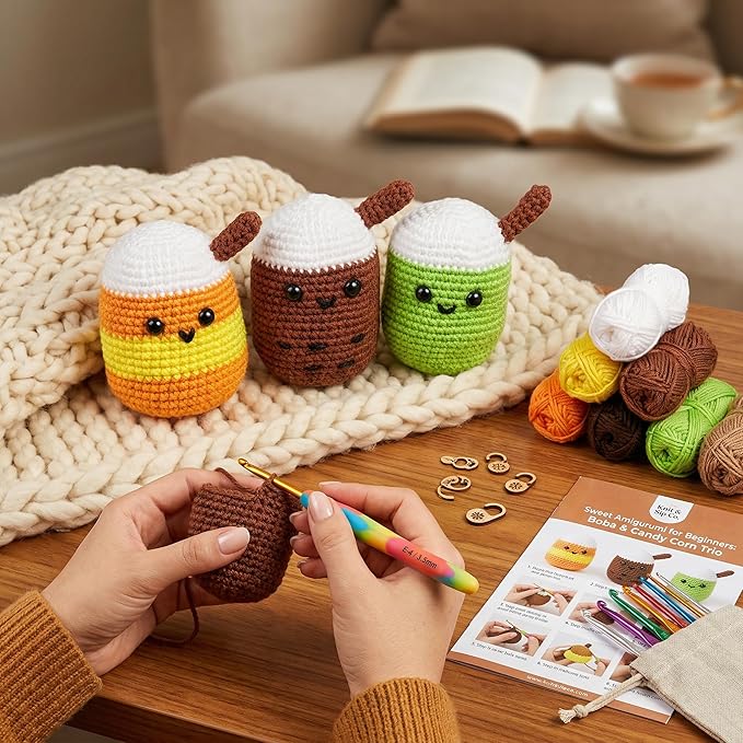 Kovarela Beginners Crochet Kit with Simple Crochet Yarn Yarn - with Step-by-Step Video Tutorials (Bubble Tea)