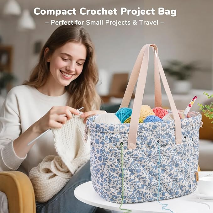 MYBAGZING Portable Crochet Bag Organizer with Crochet Hook Organizer Roll, Quilted Yarn Storage Tote with Grommets, Knitting Project Bag for Yarn & Accessories, Floral Craft Tote Gift for Crocheters