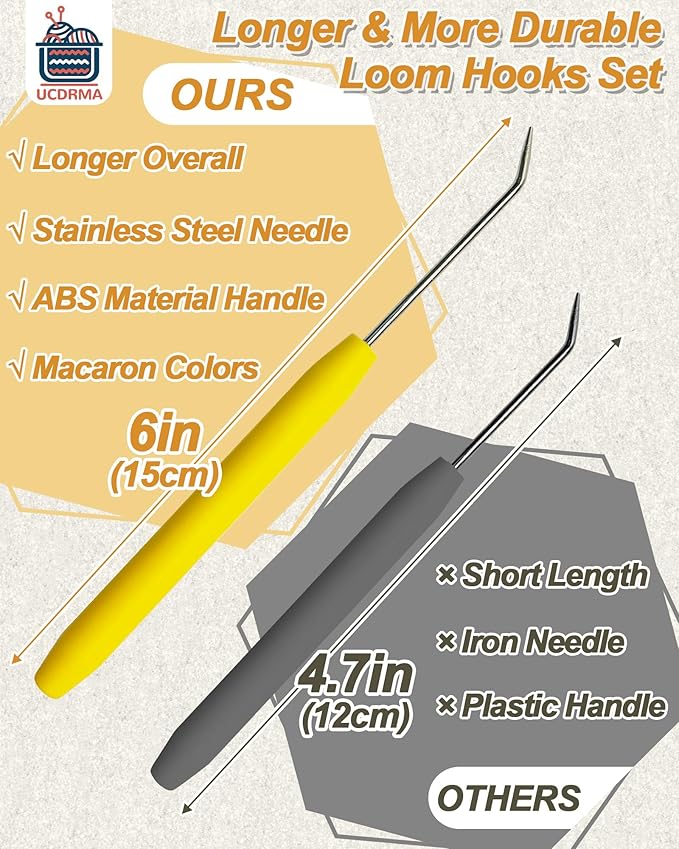 UCDRMA Knitting Loom Hook Refill Set, 8PCS Longer Stainless Steel Loom Knitting Hook (6in) with Comfortable Grip, Macaron-Colored Loom Crochet Hooks Kit & 16 Sewing Needles, Nice Crochet Loom Tools