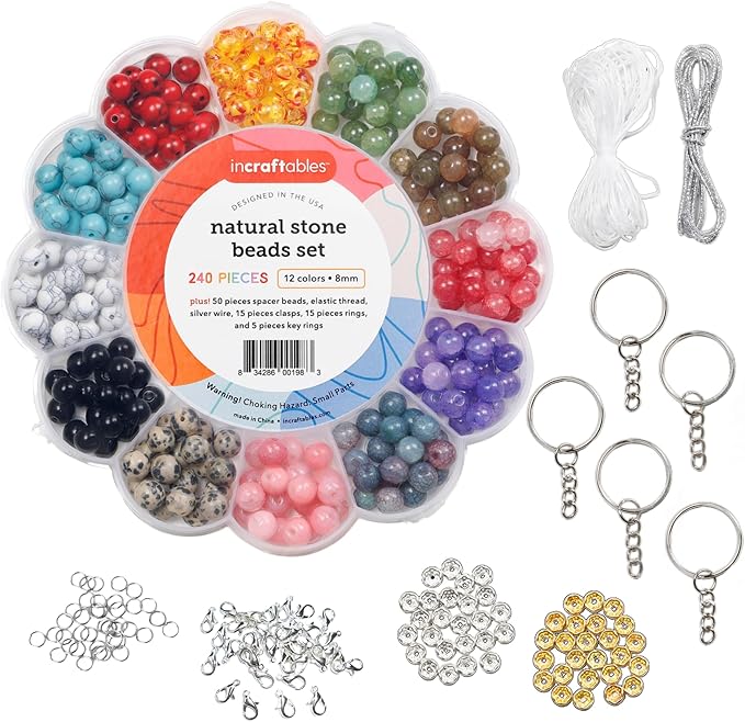 Incraftables Natural Gemstone Beads Kit - 240 Stone Beads & 150 Spacer Beads for Jewelry Making - Bracelet Making Kit with Keychains, Clasps, Wire, & Storage Organizer
