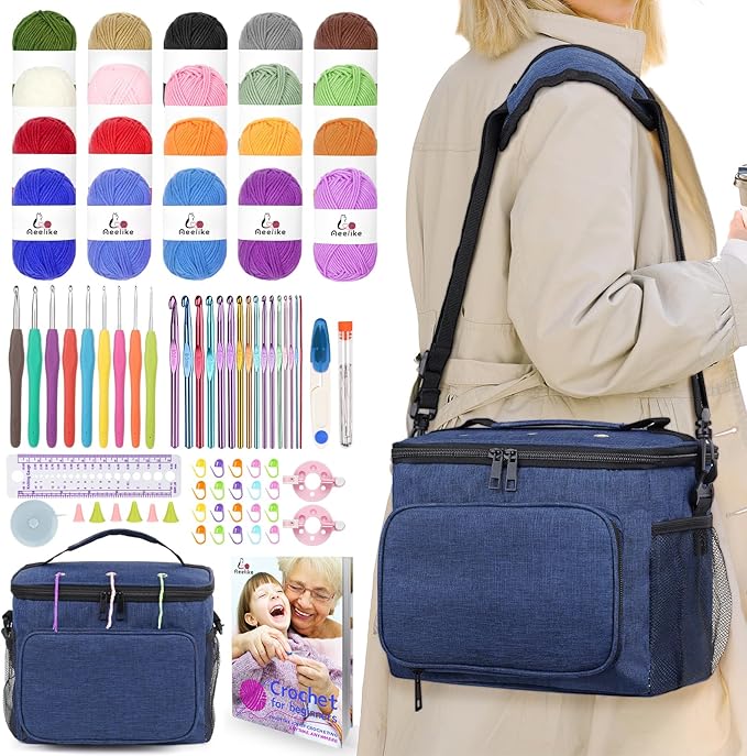aeelike complete beginner kit 87pcs, crochet kit for beginners adults, navy portable yarn bag, 23 crochet hooks,yarn 20 colors skeins, instruction & crocheting accessories