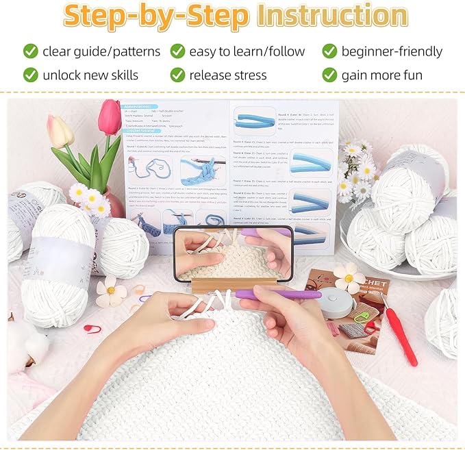 Aeelike Blanket Crochet Kit for Beginners, Easy Crochet Blanket Kit with Soft Chenille Yarns Detailed Instruction Crocheting Accessories Complete Beginners Crocheting Kits, Pure White