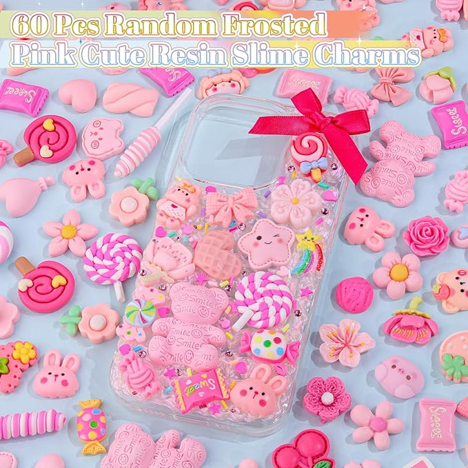 60PCS Pink Slime Charms Cute Flatback Resin Charms for Slime, Random Kawaii Decoden Charm for Embellishments Phone Junk Case Charms Bulk Rainbow Bow Heart Lollipop, Scrapbooking DIY Decor