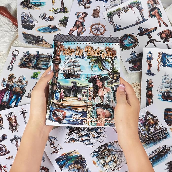 Dwetpzo Vintage Pre-Cut Journal Pirate Sticker Book for Junk Journaling Supplies, Washi, Paper, Transparent PET Stickers for Scrapbooking, Collage, Planner, Bujo, 20 Sheets