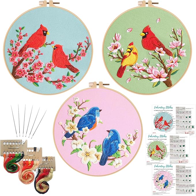 Nuberlic 3 Pack Embroidery Kit for Beginner Adults, Cross Stitch Set with Cardinal & Blue Bird Patterns, Includes Cloth, Hoops, Threads, Needles, Instructions