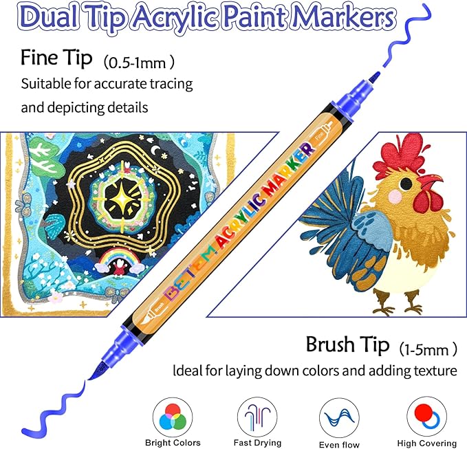 Betem 30 Metallic Acrylic Paint Markers, Dual Tip Acrylic Paint Pens with Brush Tip and Fine Tip, Art Supplies for Rock Painting, Wood, Stone, Glass, Ceramic, DIY Crafts Making Drawing Kit