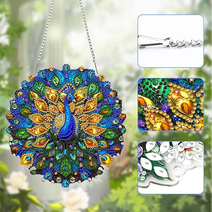 Lxmsja DIY Stained Glass Peacock Diamond Painting Hanging Ornament, Double-Sided Acrylic Jewels and Pearls Diamond Art Kit, Special Shaped Suncatcher Hanging Pendant Window Art Kit