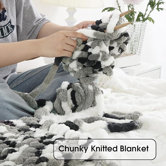 HOMBYS Chunky Tie Dye Mix Chenille Yarn for Hand Knitting, Super Bulky Jumbo Yarn for Crocheting, 3/4" Thick Soft Plush Yarn for Blankets, 8 Skein Pack (26 yds / 7.5 oz Each) Black White Grey