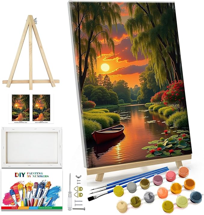 JOOZ Landscape Paint by Numbers Kit for Adults with Frame Sunset Paint by Number with Easel Boat Adult Paint by Number Kits Framed Canvas Boat Oil Painting Kits for Home Wall Decor 8x12 Inch