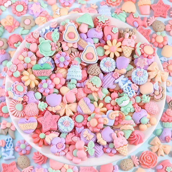 100PCS Macaroon Flower Slime Charms Cute Flatback Resin Charms for Slime, Kawaii Random Decoden Charm for Embellishments Phone Junk Case Charms Bulk,Hairpins Scrapbooking Crafting DIY Decor
