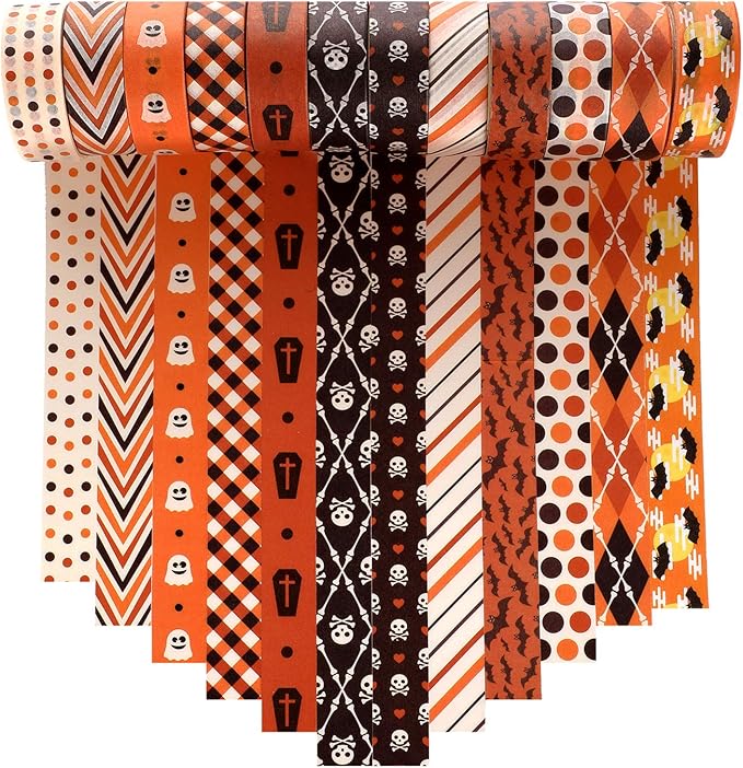 12 Rolls Washi Tape with Bat Ghost Bones Patterns - DIY Halloween Tape Wrappings Kits for Festivals & Decorations