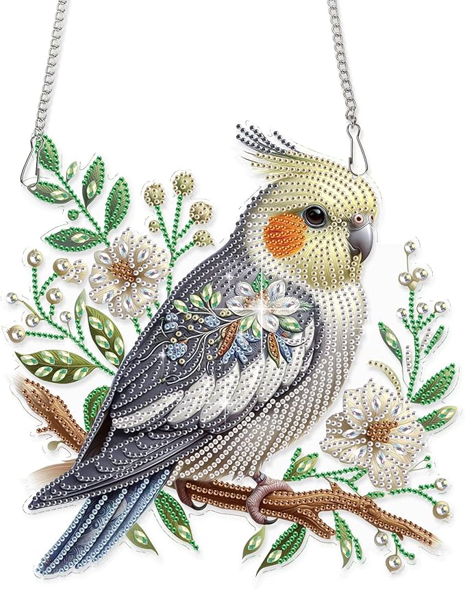 AiYuanzsh Diamond Art Suncatcher Hanging Kit Parrot with Flowers, Special Shaped Diamond Painting Ornament for Adults, Colorful DIY Window & Wall Decoration, Crystal Diamond Art Kit