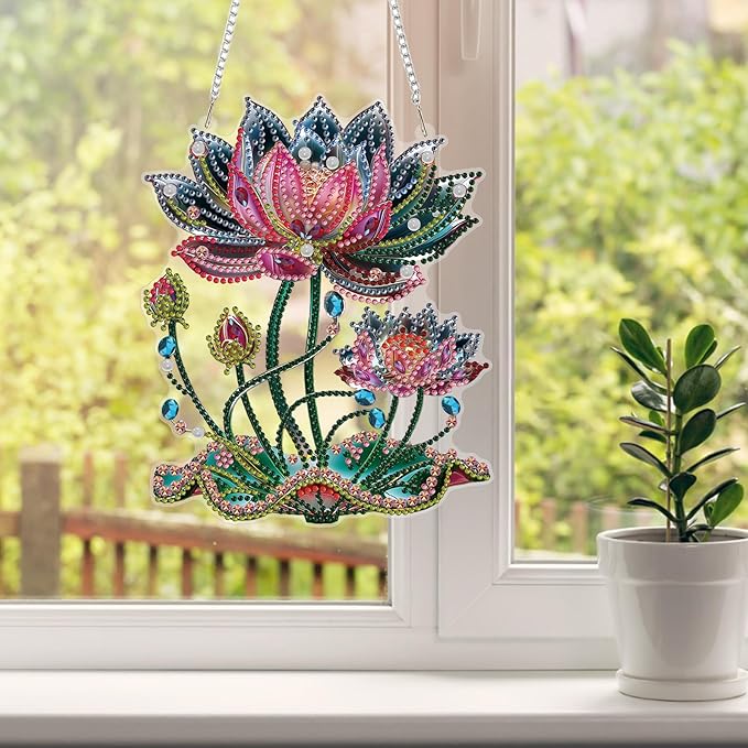 HEIBAGO Lotus Diamond Art Hanging Kits for Adults, Flower Diamond Art Suncatchers, 5D Special Shape Diamond Painting Pendant, DIY Window Ornament Gifts for Home Garden Door Wall Decor 8.3x8.3 in