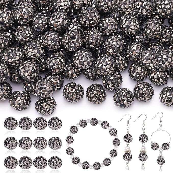200 pcs hematite rhinestone beads for jewelry making, sparkle crystal clay christmas for bracelet baseball necklace earring crafting and diy, shiny round shamballa disco ball beads bulk