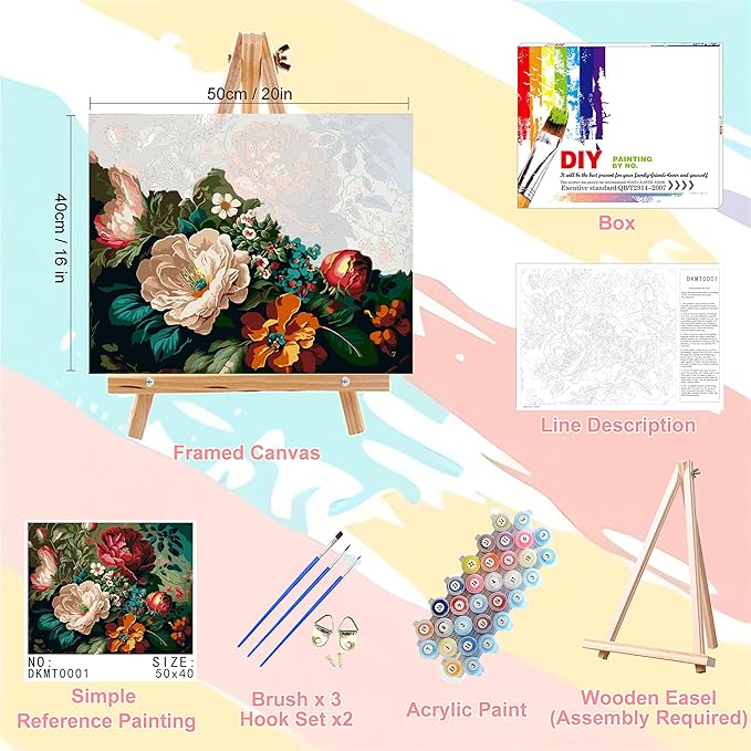 Peony Paint by Numbers for Adults with Framed Canvas-with Wooden Easel,Paint by Number on Canvas Flowers,DIY Acrylic Oil Painting Kits with Brushes Nice Gift Box for Home Wall Decor(16x20inch)