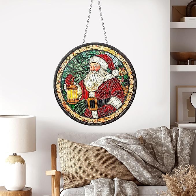Pavemlo Hanging Diamond Art Kits for Adults Christmas Santa Claus – 8x8 Inch Double-Sided Acrylic Board DIY Crystal Diamond Suncatcher Pendant, Sparkling Home Wall or Window Decoration Handmade Gift