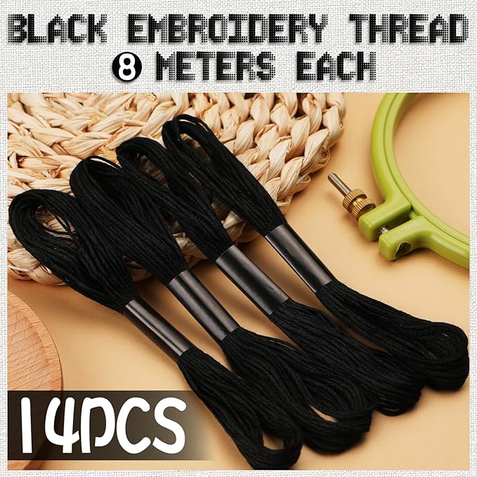 14 Skeins Embroidery Floss, Black Embroidery Thread, Friendship Bracelet String, Cross Stitch for DIY Making