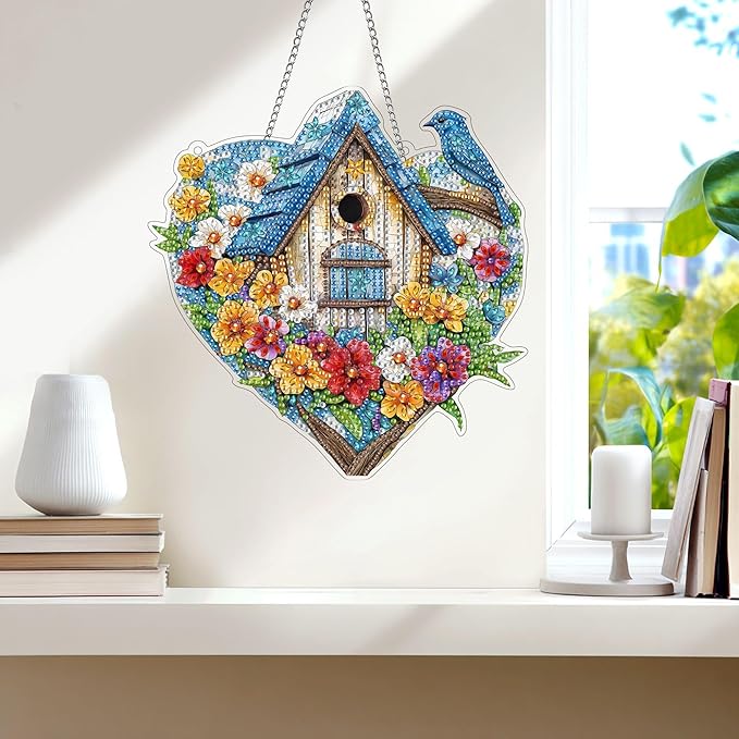 Wergund 5D DIY Birdhouse Diamond Art Hanging Kits, Hanging Diamond Art Bird, Acrylic Special Shaped Rhinestone, Window Hanging Pendants for Home Wall Garden Front Door Outdoor Decor Gift(Birdhouse)