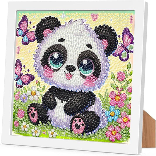 Panda Diamond Art Painting Kits for Kids with Frame, Panda Diamond Art for Kids Ages 4-8-12 with Frame, Easy Small Cute Animal Gem Painting Kit for Gift Home Wall Decoration (7x7 inch)