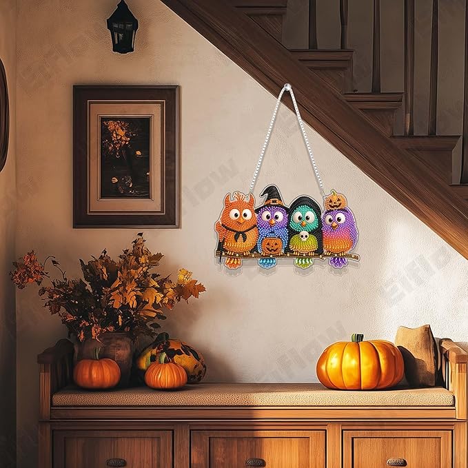 Eiflow Acrylic Diamond Art Hanging Kit for Adults Halloween Bird, DIY Thanksgiving Diamonds Painting Door Hanging Board Kit, Special Crystal Diamond Art Painting Pendant Ornament