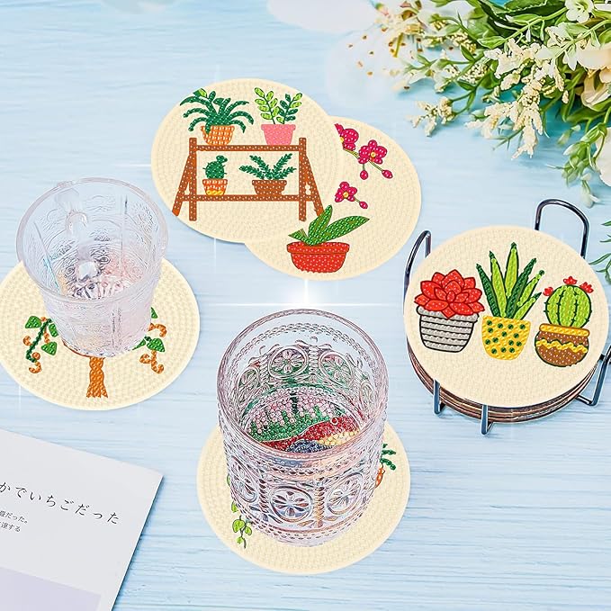 8 Pcs Diamond Art Coasters Kit with Holder, DIY Green Plants Diamond Painting Coasters for Beginners Adults, Non Slip Diamond Art Kits Craft Supplies 4x4inch