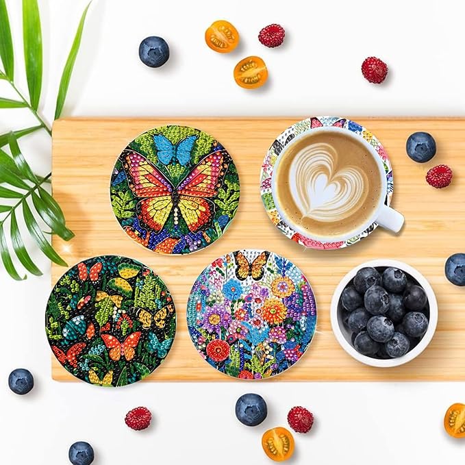 EWJRNSF 8 PCS Small Diamond Painting Coasters Kit, Fall Art Coasters for Adults Beginners, Arts and Crafts Supplies Item Sets Not with Holder Butterfly