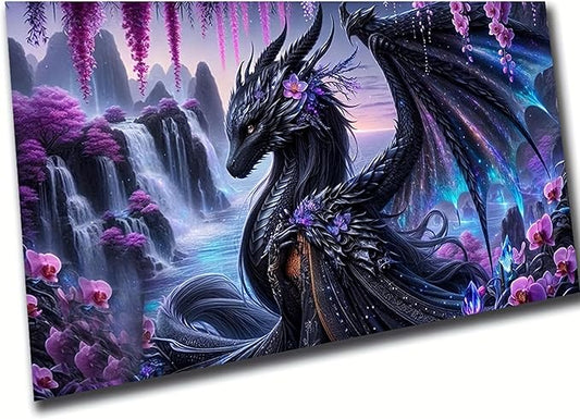 KUFWKEY Black Dragon Mosaic Diamond Paintings,5D DIY Diamond Painting for Adults,Fantasy Animal Diamond Art Kits,Landscape Waterfall Art for Home Decor,Large Size 27.5x15.7inch