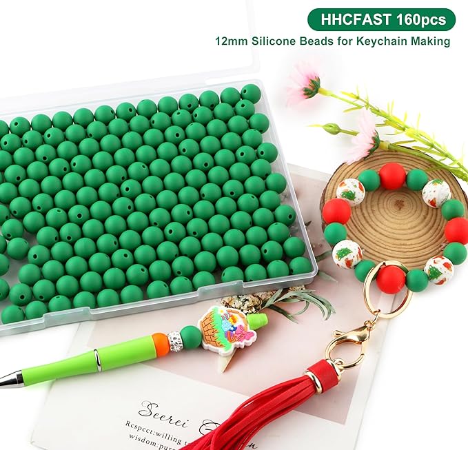 160Pcs 12mm Silicone Beads for Keychain Making Bracelet Necklace, Bulk Round Silicone Beads for Pens（Christmas Green）
